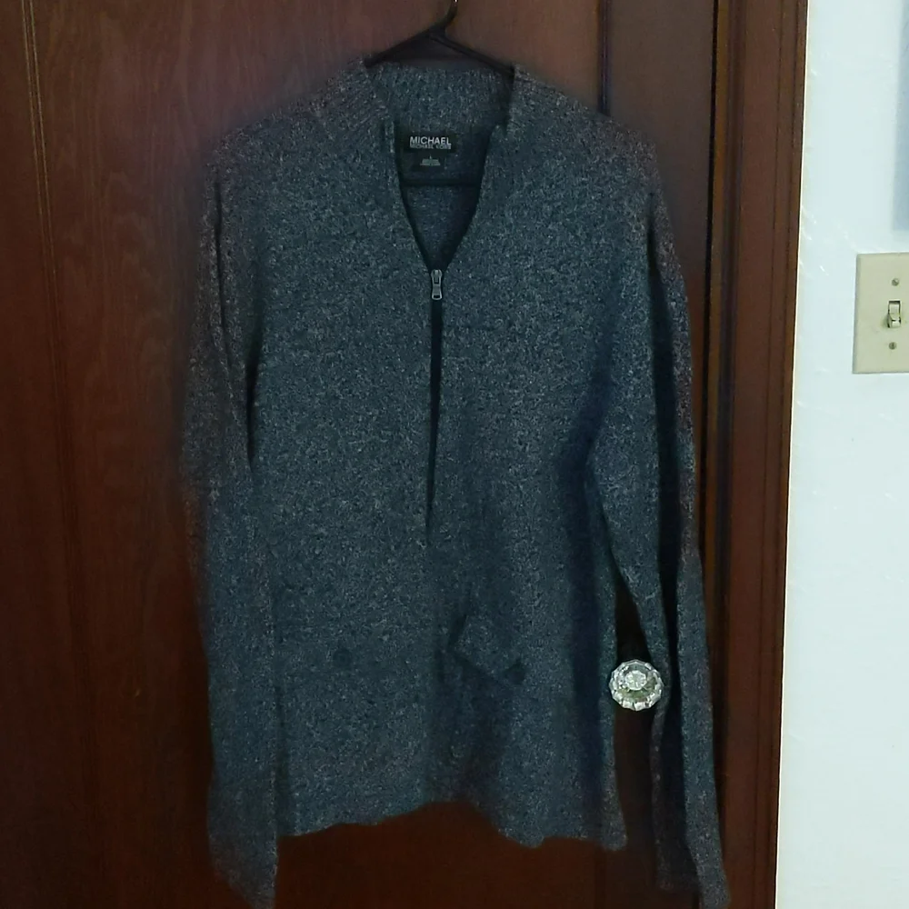 Michael Michael Kors Heathered Gray Cotton & Wool Zip Sweater Size Large